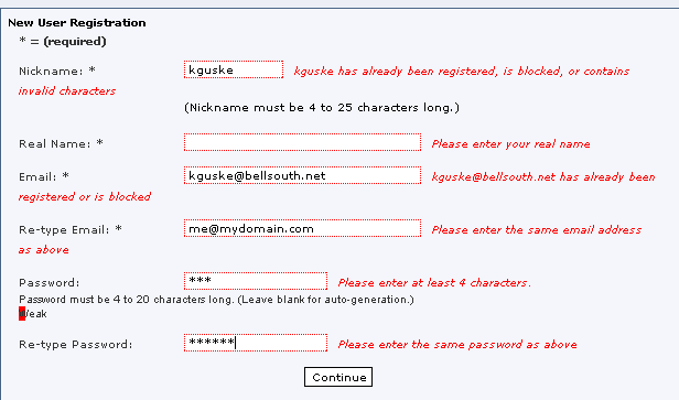 Inline validation on new user registration